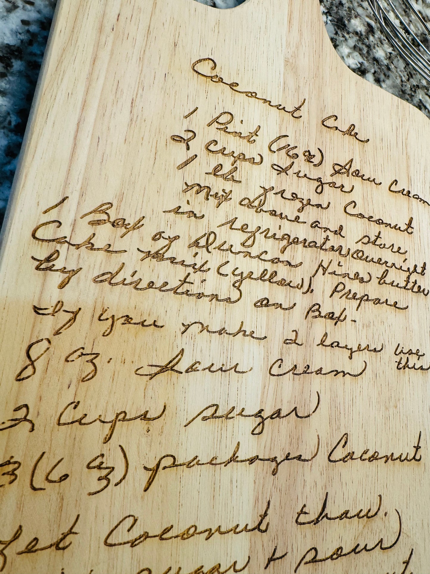 Engraved handwritten recipe cutting board