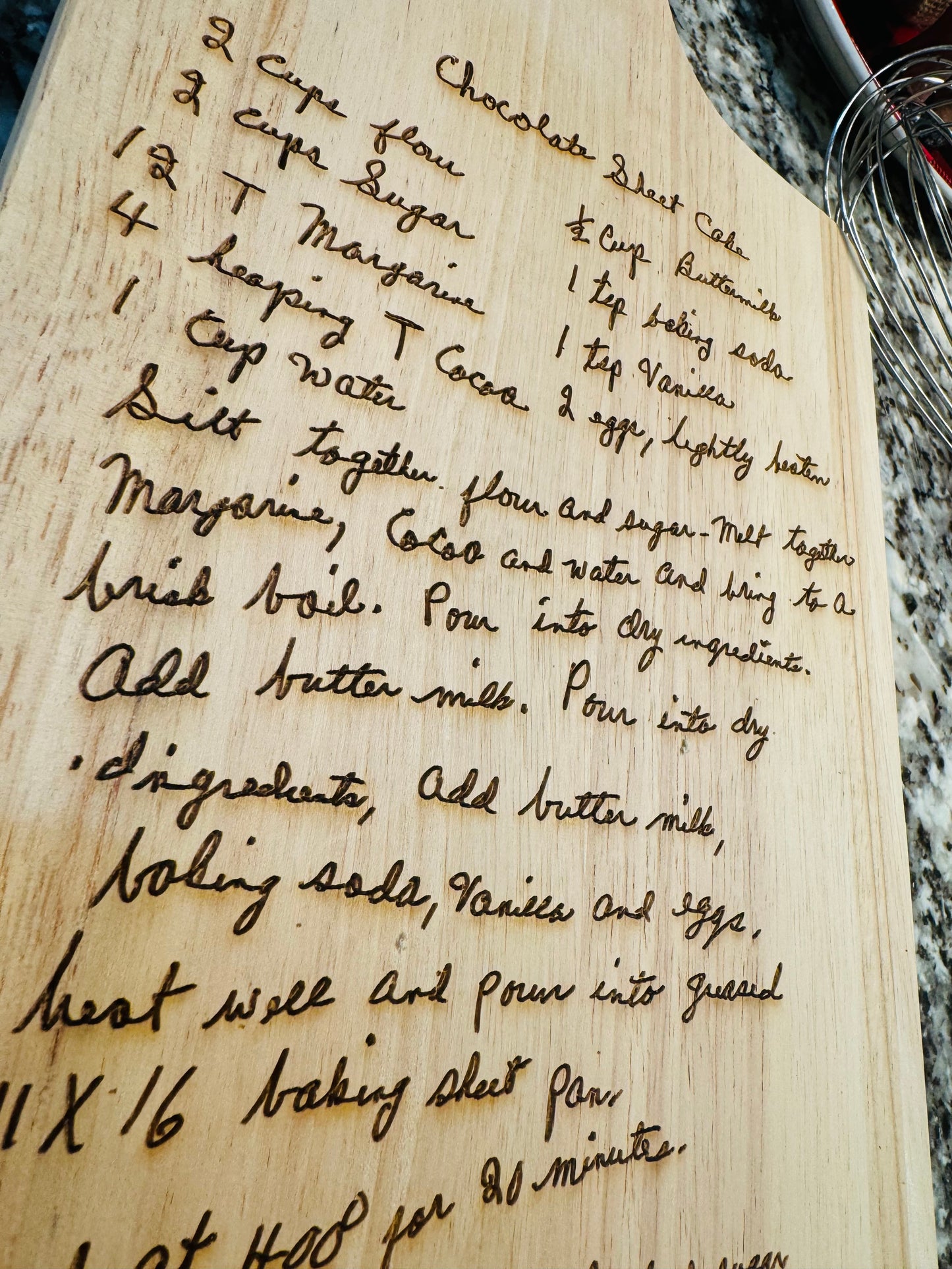 Engraved handwritten recipe cutting board