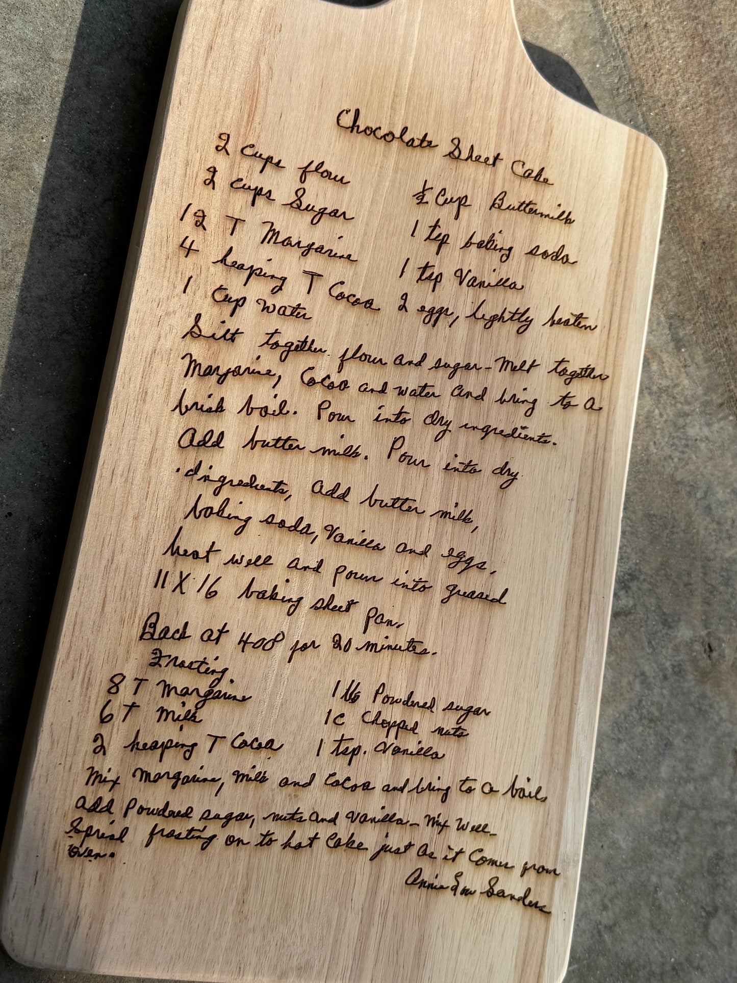 Engraved handwritten recipe cutting board