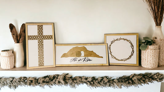 Easter Mantel SignSet/Christian Mantle Sign Set|Tomb|Crown of Thorns|Cross|He is Risen|Resurrection
