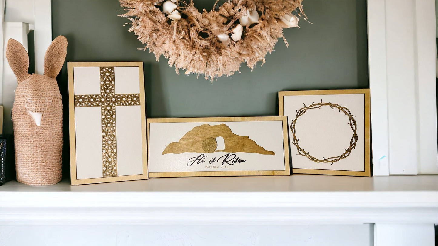 Easter Mantel SignSet/Christian Mantle Sign Set|Tomb|Crown of Thorns|Cross|He is Risen|Resurrection