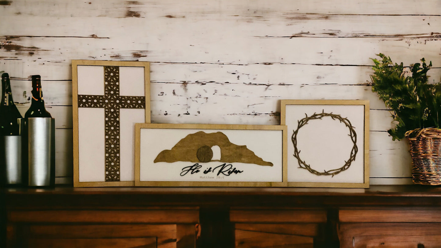 Easter Mantel SignSet/Christian Mantle Sign Set|Tomb|Crown of Thorns|Cross|He is Risen|Resurrection