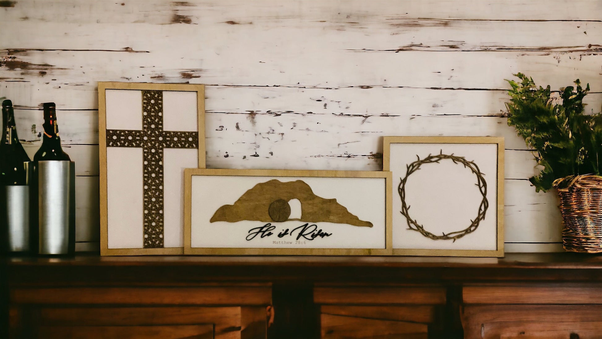 Easter Mantel SignSet/Christian Mantle Sign Set|Tomb|Crown of Thorns|Cross|He is Risen|Resurrection